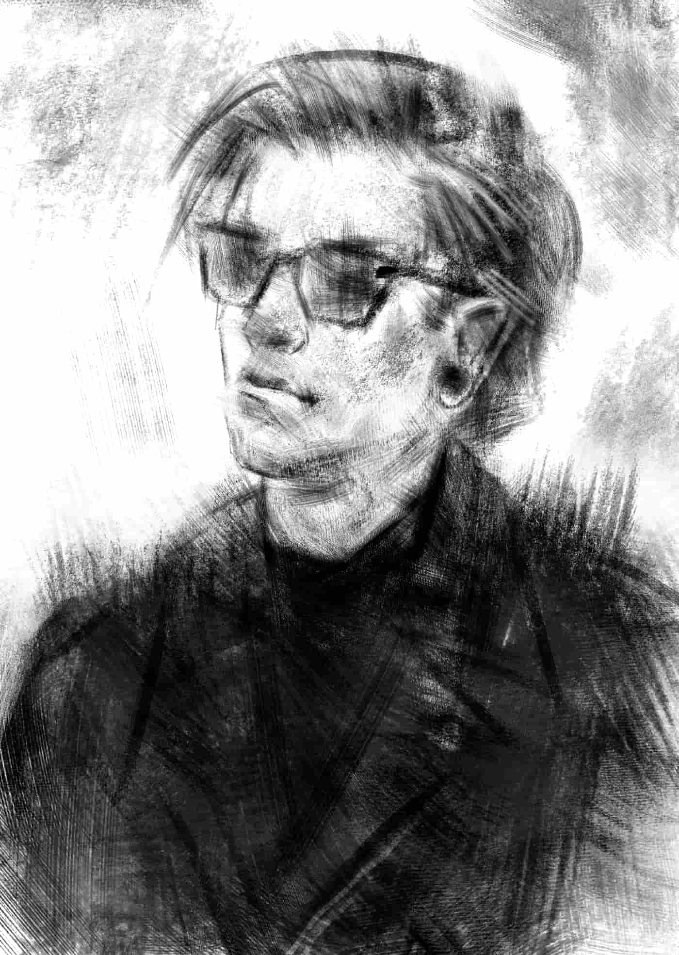 A portrait of a thin white man made of stern angles, with light colored hair and dark sunglasses on. Presumably, this must be Henry.